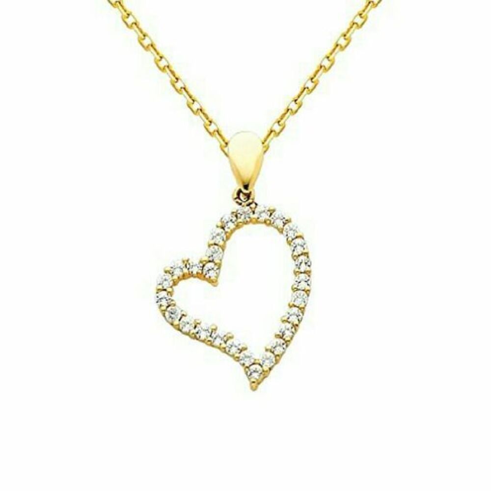 New 14k yellow gold open heart CZ Pendant necklace 2pc set
